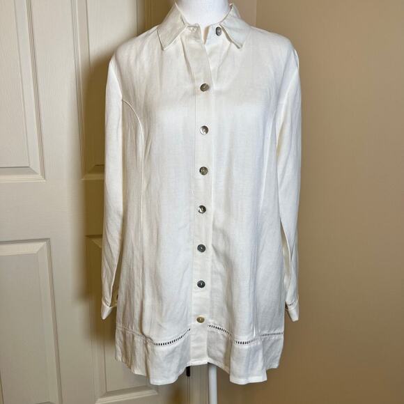 Soft Surroundings White Linen Blend Tunic Shirt Pearl Buttons Lace Hems Size M - Picture 1 of 11